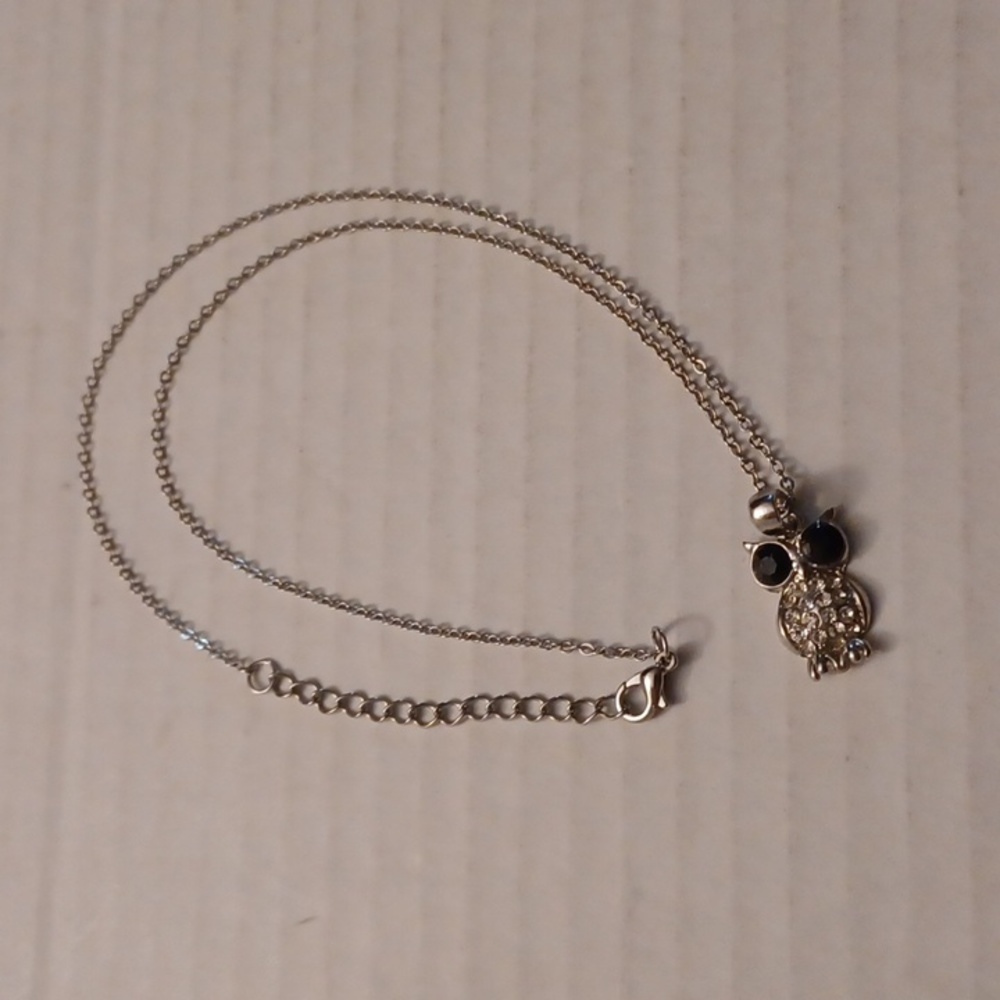 4/$40 Owl with Black Gem Eyes & Rhinestones Necklace - 18 inch Silver Chain
